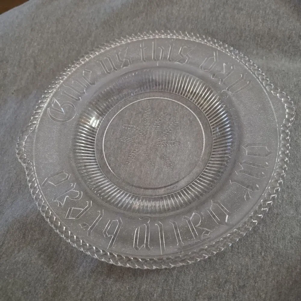 Antique Pressed Clear Glass Bread Plate GIVE US THIS DAY OUR DAILY BREAD Handles